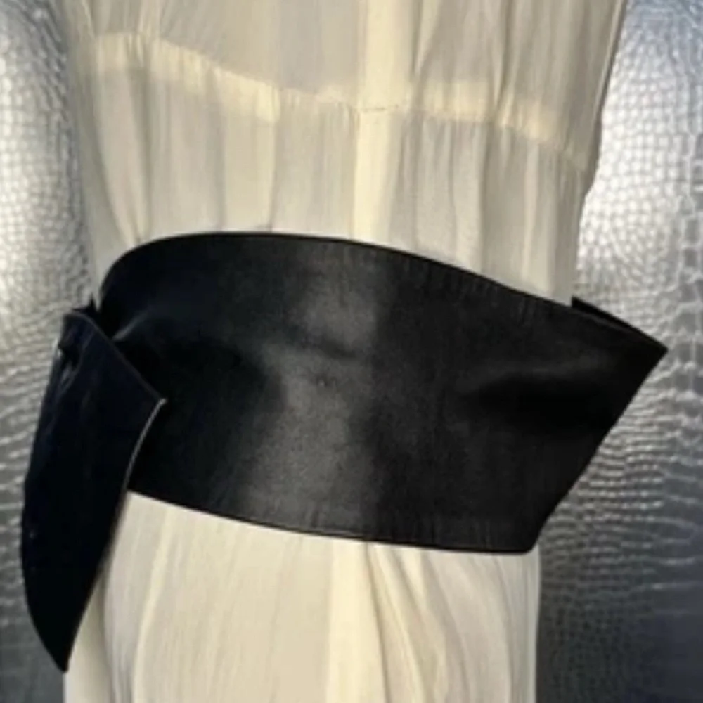Vintage 80s Black Faux Leather Wide Waist Belt Headlight Rhinestone Accent
